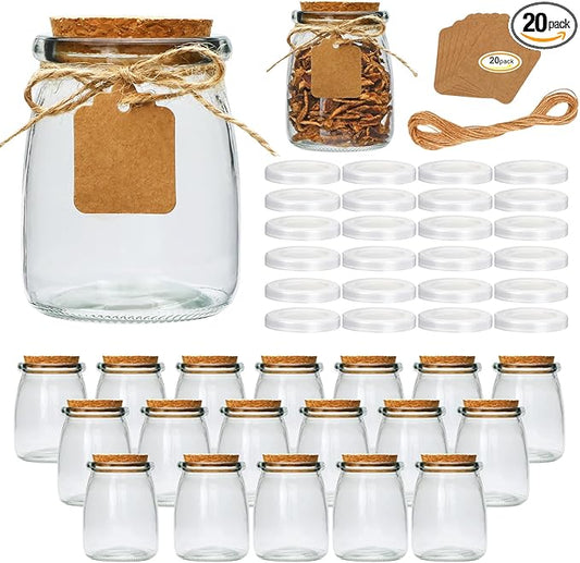 Brajttt Mini Yogurt Jars 20 Pack, 7 oz Glass Favor Jars with Cork Lids, Pudding Containers with Lids, Mason Jar Wedding Favors Honey Pot with Label Tags and String