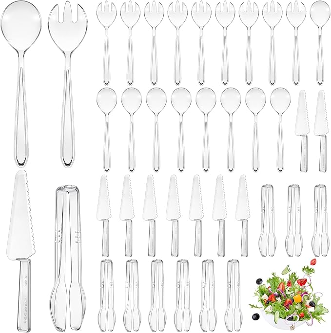 40 Set Disposable Plastic Serving Utensils Include10 Pcs 6.3" Serving Tongs 10 Spoons 10 Forks 10 Knives for Buffets Food Home Weddings Family Gathering Birthday Party Supplies(Clear)