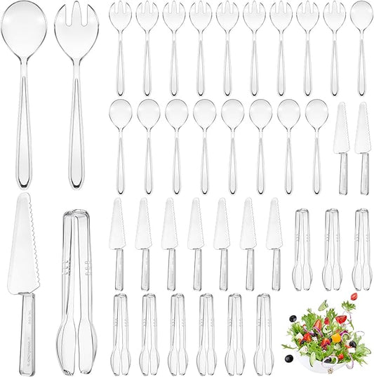 40 Set Disposable Plastic Serving Utensils Include10 Pcs 6.3" Serving Tongs 10 Spoons 10 Forks 10 Knives for Buffets Food Home Weddings Family Gathering Birthday Party Supplies(Clear)