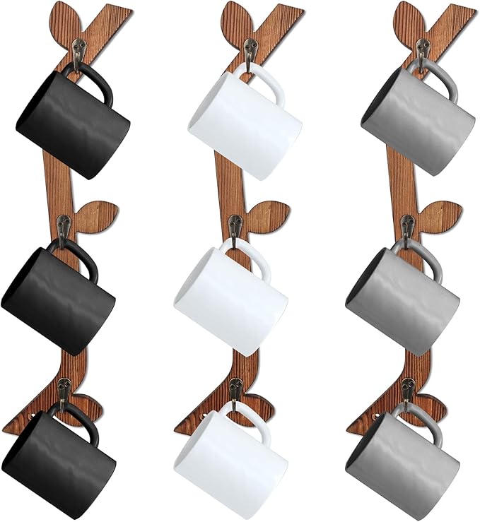 3 Pack Wood Coffee Mug Wall Rack with 9 Hooks Wall Mount Coffee Cup Holder Wooden Espresso Cup Holder Tree Brown Mug Stand Display Wall Mounted Cup Drying Rack for Kitchen Cafe