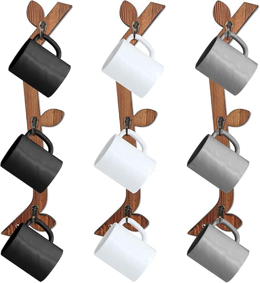 3 Pack Wood Coffee Mug Wall Rack with 9 Hooks Wall Mount Coffee Cup Holder Wooden Espresso Cup Holder Tree Brown Mug Stand Display Wall Mounted Cup Drying Rack for Kitchen Cafe