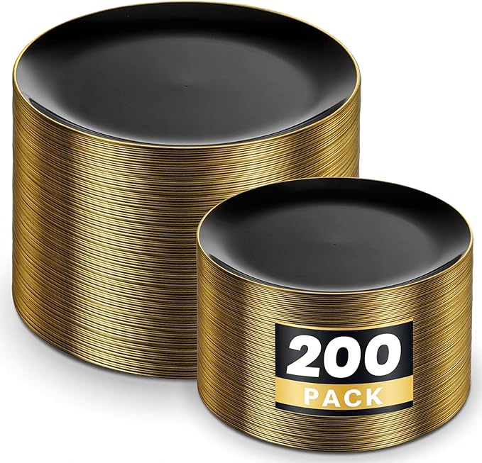 KIRE 200Pcs Black Plastic Plates - Black and Gold Plates Disposable for Party - Include 100 for Dinner and 100 for Dessert for Birthday/Wedding
