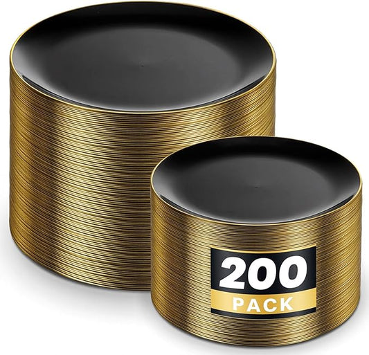 KIRE 200Pcs Black Plastic Plates - Black and Gold Plates Disposable for Party - Include 100 for Dinner and 100 for Dessert for Birthday/Wedding