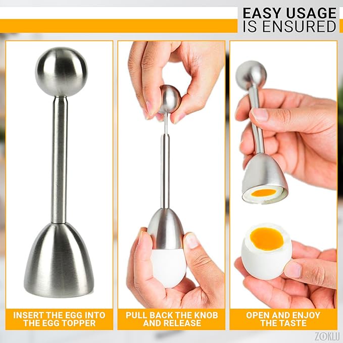 Egg Shell Opener Set – 2 Pcs Egg Cups for Soft Boiled Eggs & Hard Boiled Eggs, 2 Pcs Spoons, Stainless Steel Build, Fits Most Shell Sizes – Ergonomic Design with Adjustable Effort for Precise Cracking