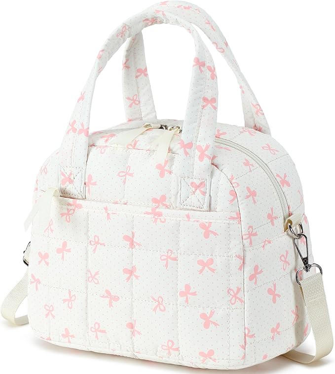 LEDAOU Lunch Box for Women girls Lunch bag Quilted Puffer Lunch Box with Adjustable Strap Insulated Reusable LunchBox for Work School Picnic Travel (Pink Bow)