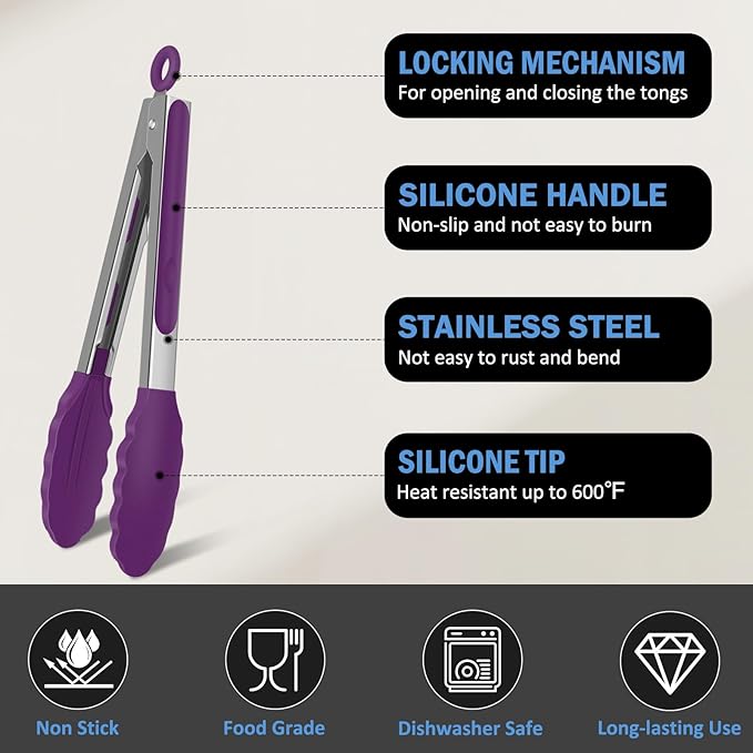 Kitchen Tongs, Stainless Steel Cooking Tongs with Silicone Tips, 600ºF High Heat-Resistant Non Scratch Locking Tongs for Cooking BBQ Grilling Air Fryer Pans, Set of 2 (7" 9" and 12") Purple