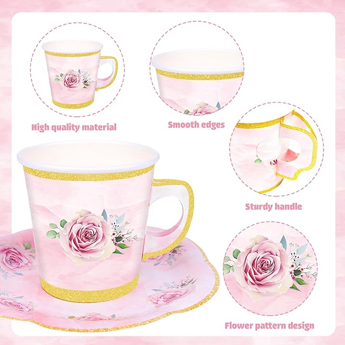 100 Pcs Paper Tea Cups and Plates Pink Floral Disposable Paper Teacups and Saucer Sets with Gold Rim Decorations for Hot Cold Drinks for Wedding Birthday Baby Shower Tea Party, Serve 50