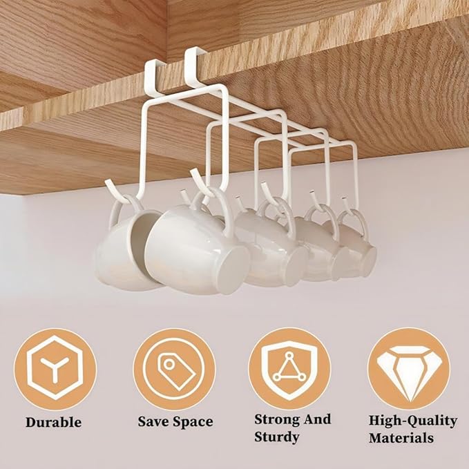 Mug Holder Under Cabinet,2pcs Coffee Mug Organizer for Kitchen,Fit for 0.8 Inch Thickness Shelf or Less,Nail Free Adhesive Coffee Cups Holder Hanger for Cups/Kitchen Utensils/Keys Storage (White)
