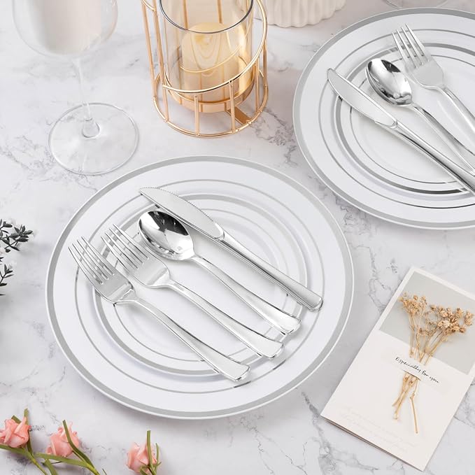 BESTVIP 60PCS Silver Plastic Silverware, Silver Disposable Utensils, Heavy Duty Cutlery Set of 30 Forks, 15 Spoons, 15 Knives for Party, Christmas, Wedding, Catering and Daily Use