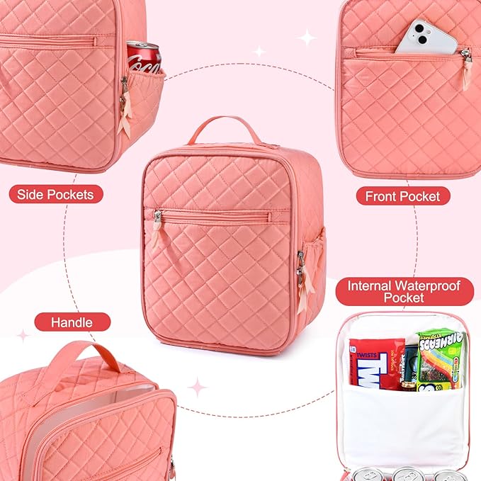 Aileam Quilted Lunch Box, Orange, Cute Girls Lunch Box, Insulated Womens Lunch Bag, Large Capacity, Reusable Insulated Cooler for Work, School, Picnic, Travel