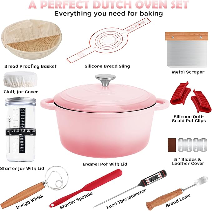 Enameled Cast Iron Dutch Oven Pot with Lid, Incl. Sourdough Bread Baking Supplies Like Banneton Bread Proofing Basket, Starter Jar, Scoring Tool Lame, 5QT Dutch Oven for Bread Baking, Oven Safe up to 500°F