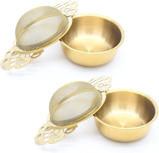 2 Pack Tea Strainer Bowl, Stainless Steel Loose Leaf Tea Filter for 2.5-4 Inch Cup Mouth, Gold