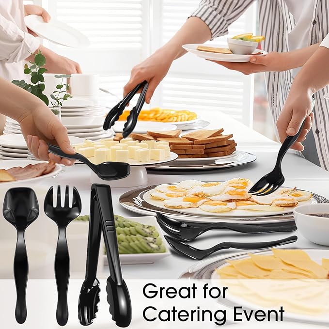 Patelai 72 Pcs Disposable Plastic Serving Utensils Set Including Black Disposable Serving Spoons Forks and Tongs Plastic Buffet Ware Supplies for Party Catering Restaurant Picnic Dinner