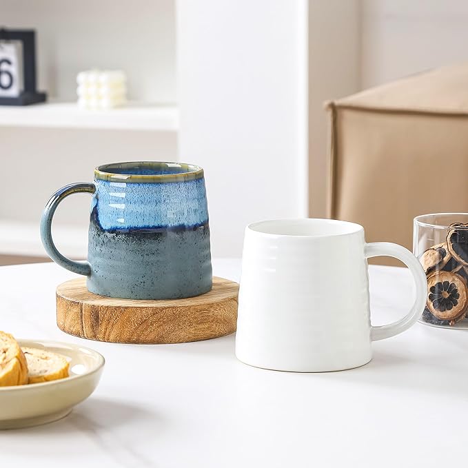 Large Ceramic Coffee Mug, Handmade Pottery Mugs, Tea Cups with Big Handle for Office and Home, 15.5 oz, Dishwasher and Microwave Safe (White)