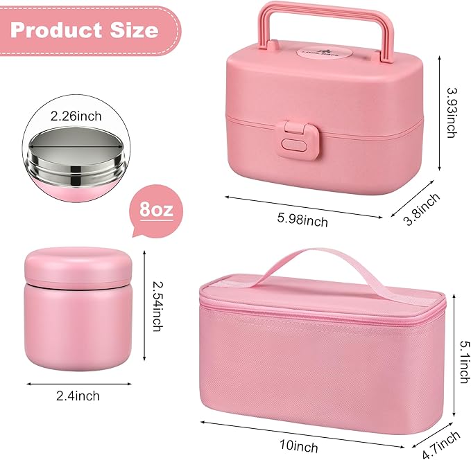 Bento Lunch Box with 8oz Soup Thermo, Kids Sustainable Bento Box Leakproof Lunch Food Containers with Lunch Bag, Kids Thermo Insulated Hot Food Jar for School, Trvael (Pink)