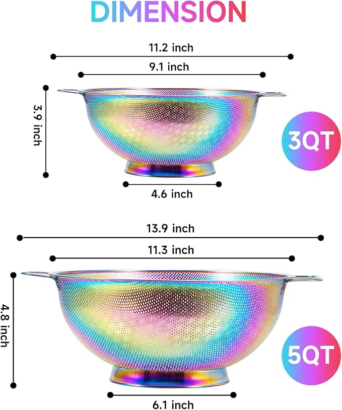 Rainbow Strainer for Kitchen, 5QT, Stainless Steel Colander with Handle for Fruits Vegetables Cooking Food, Dishwasher Safe