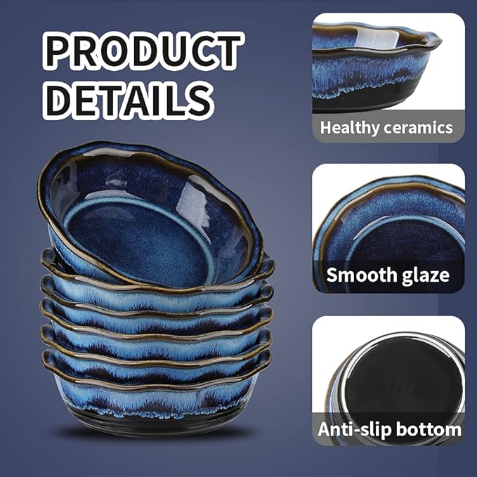 KOOV Ceramic Pie Dish, 6.5 Inches Pie Pan, Pot Pie Pans for Baking, Pie Plate for Dessert Kitchen, Round Baking Dish Pan for Dinner, Wave Series, Set of 6 (Nebula Blue)