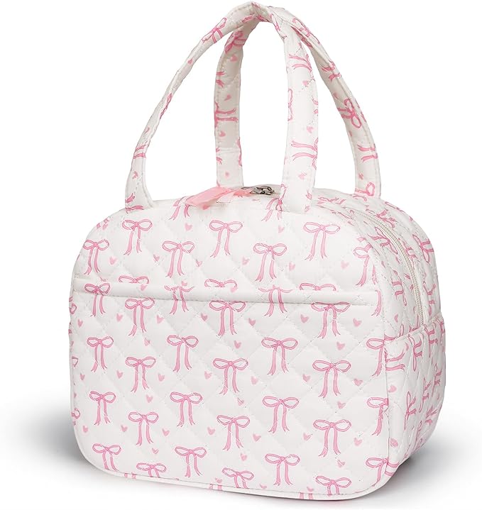 Quilted Lunch Box for Women,Coquette Aesthetic Lunch Box for Teen Girls,Cute Floral Lunch Bags for Work, School,Office,Picnic,Travel (pink bow heart)