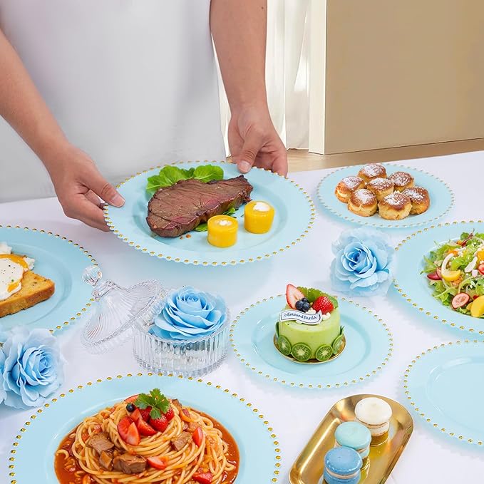 EI 60pcs Blue Plastic Plates,Dispoable Heavy Duty Plastic Plates with Gold Rim,Baby Blue 10" Dinner & 7" Dessert Plate,Fancy Elegant Plate for Party,Birthday,Afternoon Tea