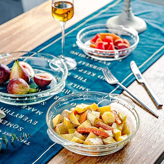 Kingrol 3 Pack Glass Pie Plates with Handles, 9 Inches Baking Dishes, Clear Glass Serving Plates for Snacks, Salads, Desserts