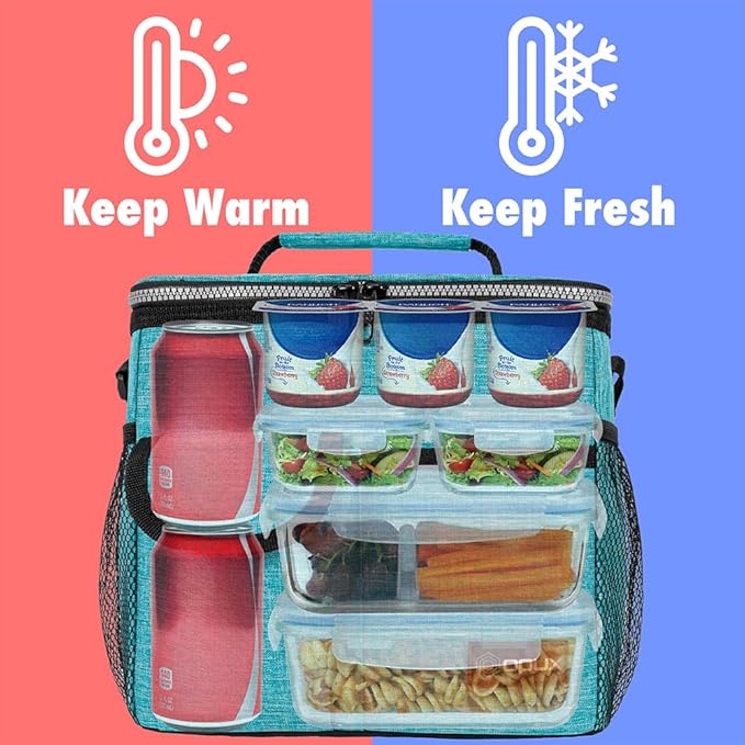 opux Insulated Lunch Bag for Men Women, Leakproof Sea Blue Lunch Box for Work, Portable Soft Lunch Cooler Bag with Shoulder Strap, Adult Lunchbox Lunch Pail for Kid Boy Girl School, 18 Can/10L