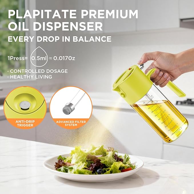 2Pcs 17oz Premium Olive Oil Sprayer for Cooking, 2 in 1 Glass Olive Oil Dispenser Bottle for Kitchen Gadgets, Spray Bottle with Portion Control for Salad, Frying, BBQ (Black & Lime Yellow)