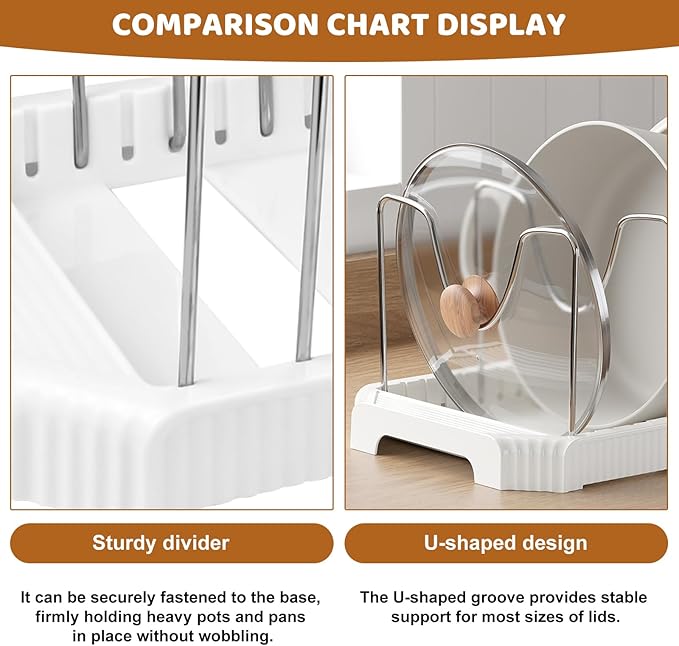 Pots and Pans Organizer Under Cabinet, 7-Slot Expandable Pot Rack Organizer with Cup Brush, Kitchen Pots and Pans Organizer for Cookware, Lids, Bakeware, Cutting Boards Tool-Free Installation (White)