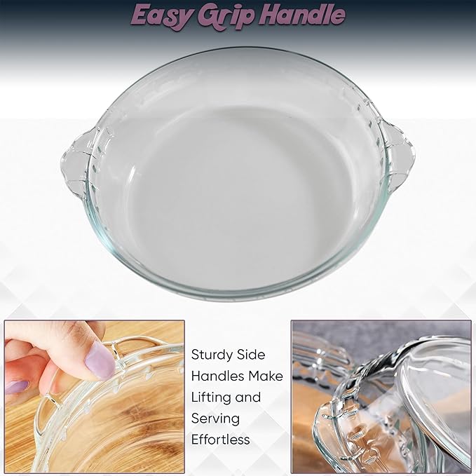 Home-X Set of 2 Glass Pie Plates - 7” Baking Dishes with Handles - Durable, Compact, Oven & Freezer Safe Kitchen Accessories - Glass Pie Dishes for Baking Quiches, Tarts, Desserts & Salads