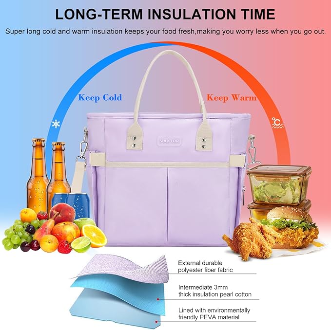 MAXTOP Lunch Bag Women for Work Insulated Thermal Lunch Box with Wide-Open Pocket Reusable Leakproof Cooler Bags with Removable Shoulder Strap for Teacher Nurse Office Picnic Travel Purple