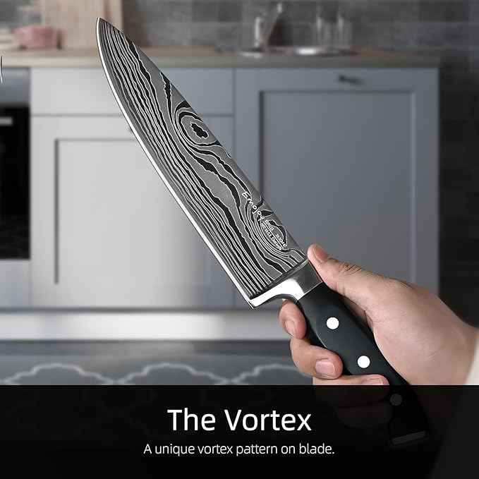 Knife Set, Emojoy 18-Piece Knife Sets for Kitchen with Block, Stainless Steel Kitchen Knives with Built-in Sharpener, Shears and Carving Fork, Black