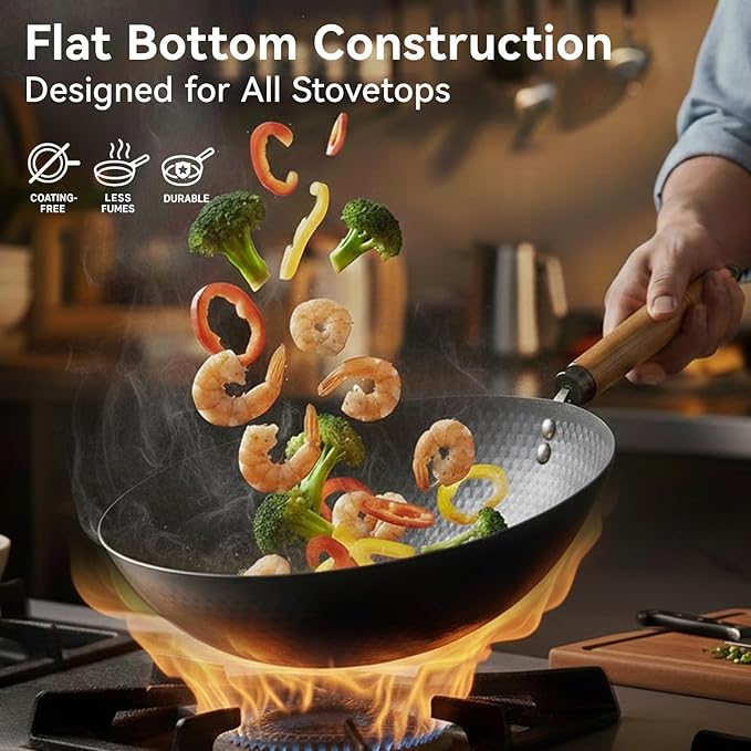 WANGYUANJI 12.6-Inch Carbon Steel Wok with Lid, Flat Bottom Nonstick Chinese Wok Pan with Detachable Wooden Handle for Induction, Gas & Electric, 5 QT Stir Fry Pan