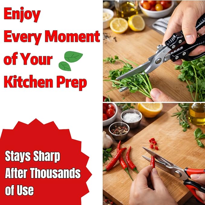 Heavy Duty Kitchen Shears - Ultra Sharp All Purpose Food Scissors for Cutting Chicken Bones, Meat & Vegetables, Multi-Function Stainless Steel Cooking Shears (Black)