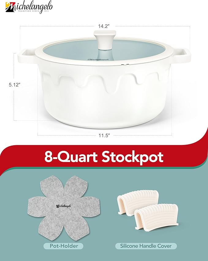 MICHELANGELO 8-Quart Soup Pot with Lid - Nonstick Large Ceramic Stock Pot for Induction Cooktop, 8qt Non Stick Cooking Pots with Silicone Handle Covers & Pot-Holder, Cream