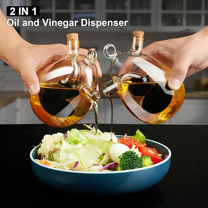 PARACITY Oil and Vinegar Dispenser Bottle 2 in 1, Olive Oil Dispenser Bottle for Kitchen with Cork Stoppers, 12OZ Transparent Glass Vinegar Dispenser