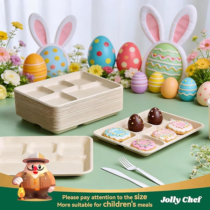 JOLLY CHEF Compostable 𝟱 Compartment Paper Plates 10 * 8.25 * 1 𝗶𝗻𝗰𝗵 [𝟱𝟬𝟬 𝗣𝗮𝗰𝗸] Small Heavy Duty Divided Disposable Eco-Friendly Biodegradable Food Trays for School Lunch Christmas(Brown)