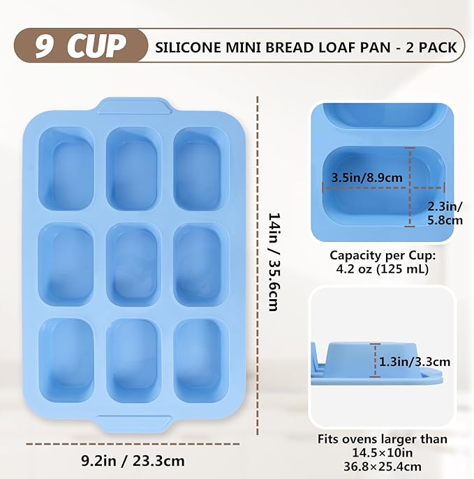 Nonstick Silicone Mini Loaf Pans: 9-Cavity Small Banana Bread Loaf Pans for Baking Cornbread with Metal Frame - Mini Meatloaf Tin for Oven - Brownie Tray for Baker Baking Lover (Blue)