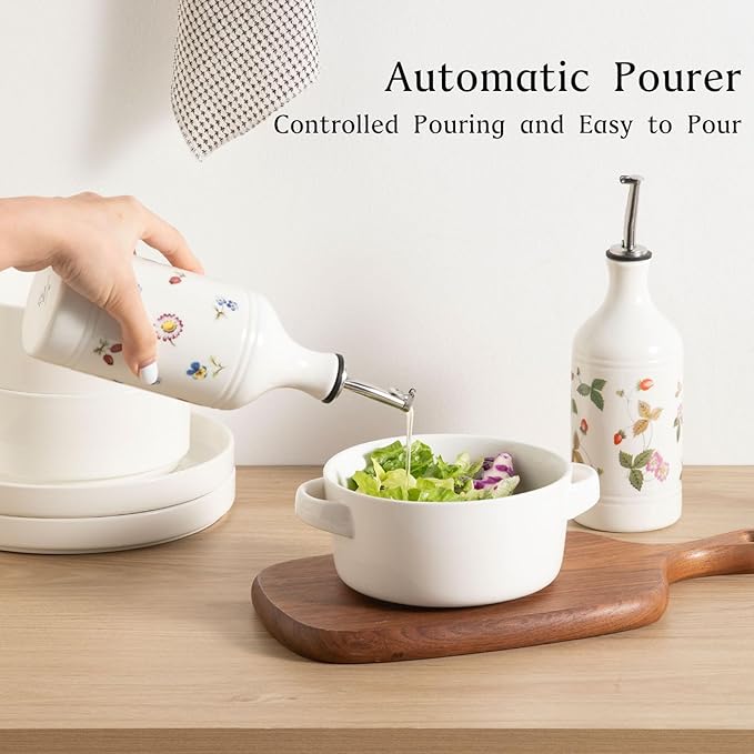 Sweejar Ceramic Olive Oil Dispenser Bottle for Kitchen, 15.5 Oz Relief Opaque Oil and Vinegar Dispenser Bottle with Spout, Suitable for Soy Sauce, Coffee Syrup, Liquids (Strawberry)