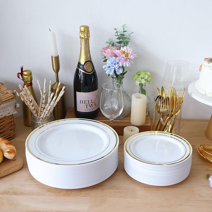 Moretoes 100PCS Gold Plastic Plates Disposable,Party Plates White Gold Rim, 10.25inch Dinner Plates and 7.5inch Dessert Salad Plates Heavy Duty Plates for Wedding Party and Birthday