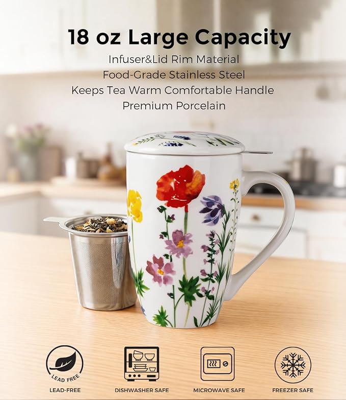 AmorArc Porcelain Tea Mug with Infuser and Lid – 18oz Loose Leaf Tea Cup with Handle, Gift for Tea Lovers (Men & Women)
