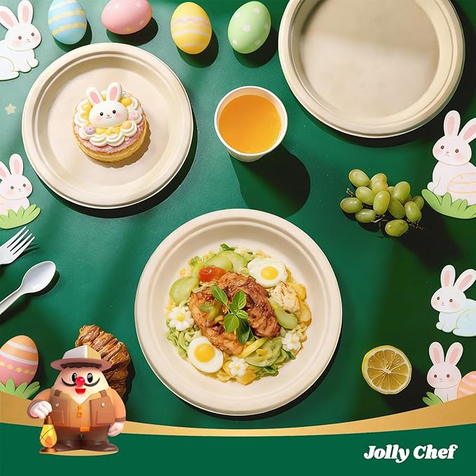 JOLLY CHEF Compostable Heavy Duty Plates 𝟳 𝗶𝗻𝗰𝗵 𝗮𝗻𝗱 𝟵 𝗶𝗻𝗰𝗵 [𝟭𝟮𝟬 𝗣𝗮𝗰𝗸] Eco-Friendly Disposable Paper Plates Bagasse Biodegradable Sugarcane for Party Hot Cold Foods Christmas(Brown)
