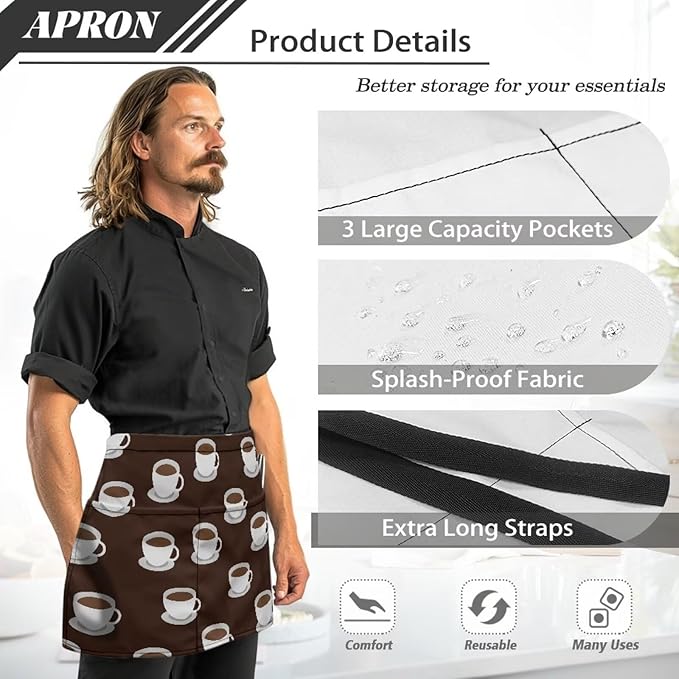 Server Waitress Waist Apron with 3 Pockets, Short Aprons for Servers,Waiter Apron For Waiter Accessories