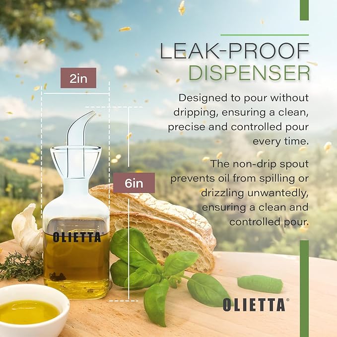 Olietta Olive Oil Dispenser Bottle Borosilicate Glass - 4.2 oz 125ml Non Drip Dispenser - Leak Proof Pourer Vinegar Drizzler Cruet - Easy Clean Drip Free Bottles for Kitchen