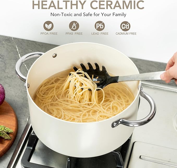 MICHELANGELO Stock Pot with Lid, Nonstick Cooking Pot, 5 Quart Soup Pot with Lid, Non Stick Pots with Stainless Steel Handle, Induction Compatible, Cream