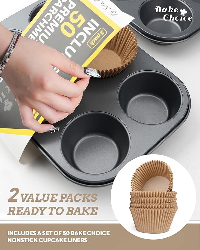 2 Pack Jumbo Muffin Pan for Baking, Extra Large Cupcake Pan includes 50 Natural Jumbo Cupcake Liners, Muffin Tin Nonstick 6 Cup, Baking Pans Set, Carbon Steel Baking Supplies