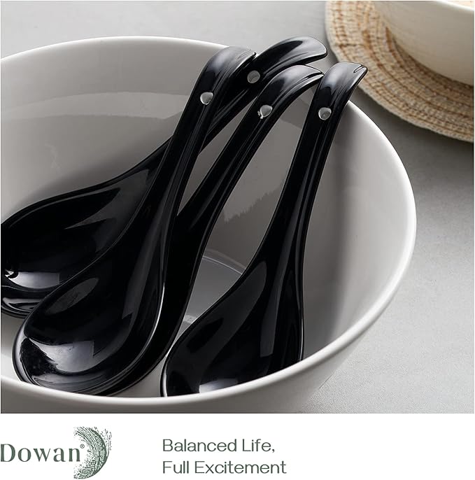 DOWAN Soup Spoons, Ceramic Chinese, Asian Soup Spoons, White Japanese Spoon Large for Ramen Pho Wonton Dumpling Miso, Deep Oval Hook Design, Set of 6 (6, Black)