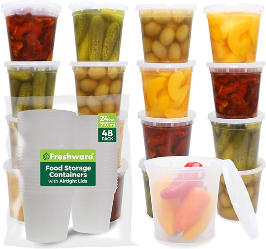 Freshware Food Storage Containers 24 oz Plastic Deli Containers with Lids, Slime, Soup, Meal Prep Containers, BPA Free, Stackable, Leakproof, Microwave/Dishwasher/Freezer Safe, 48 count (pack of 1)