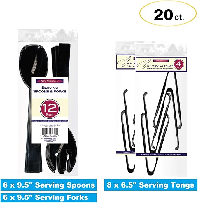 Party Essentials Plastic Party Buffet Serving Utensils Kit, Spoons/Forks/Tongs, 20-Piece, Black