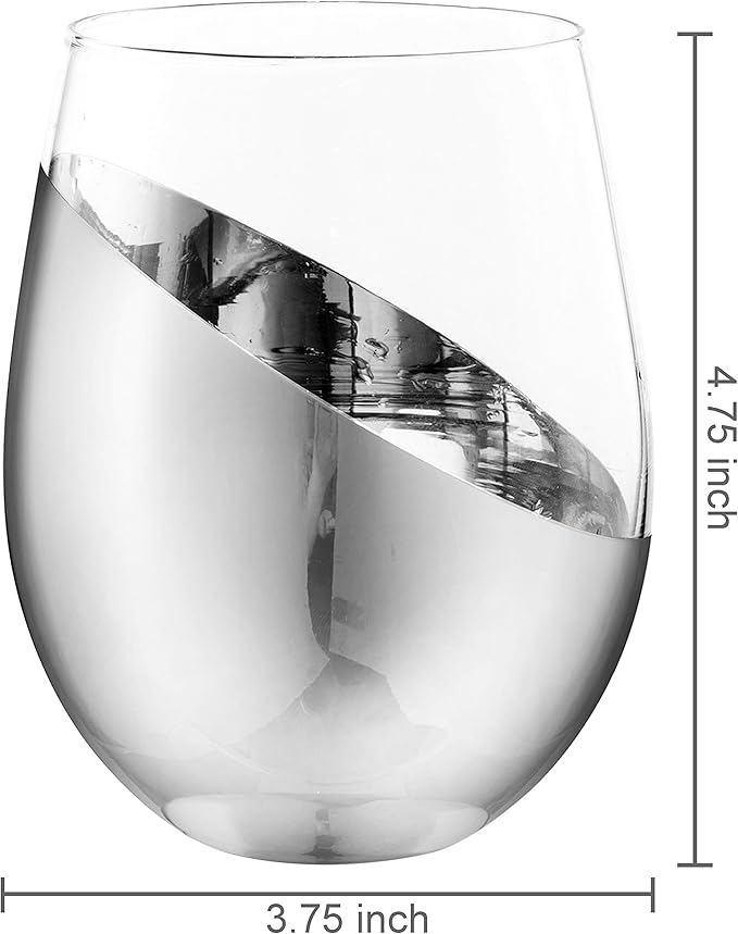 MyGift Premium Silver Stemless Wine Glasses Gift Set of 4 Modern Metallic Barware with Elegant Accents, Perfect Wedding & Anniversary Present - Dishwasher Safe & Shatter Resistant