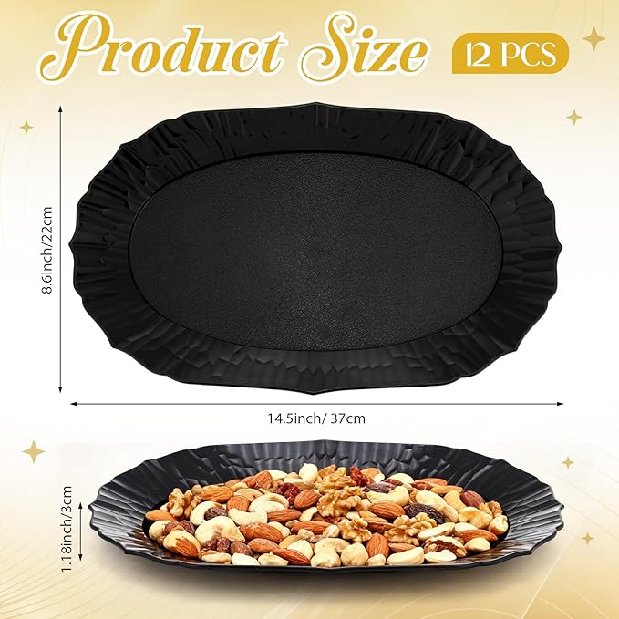 12 Pcs Black Plastic Serving Tray Bulk, 14.5" x 8.6" Rectangle Black Party Platters Reusable Decorative Dessert Table Serving Trays Snack Food Tray for Cupcake Cookie Wedding Birthday Party