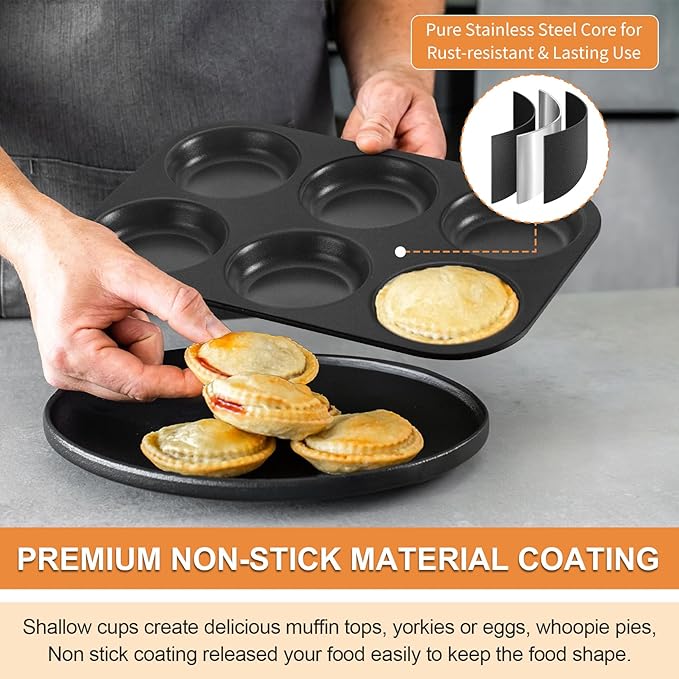 P&P CHEF Muffin Top Pan Set of 1, Stainless Steel 6-Cavity Shallow Cupcake Pans, Standard Bakeware for Eggs, Whoopie Pies, Cornbread, Cookies, Yorkshire Pudding, Easy Clean & Oven Safe, Black